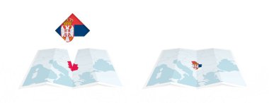 Sırbistan 'ın katlanmış haritasının iki versiyonu, birinde iğnelenmiş bir ülke bayrağı, diğerinde de haritada bir bayrak var. Hem yazdırma hem de çevrimiçi tasarım için şablon.