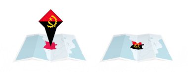 Two versions of an Angola folded map, one with a pinned country flag and one with a flag in the map contour. Template for both print and online design. clipart