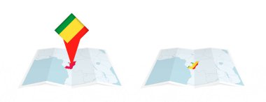 Kongo 'nun katlanmış haritasının iki versiyonu, birinin bayrağı iğnelenmiş, diğerinin de haritasında bayrak var. Hem yazdırma hem de çevrimiçi tasarım için şablon.