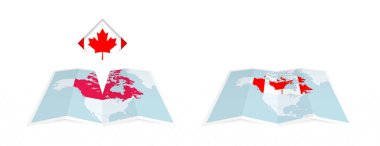 Bir Kanada haritasının iki katlı versiyonu, birinin bayrağı iğnelenmiş, diğerinin de haritasında bayrak var. Hem yazdırma hem de çevrimiçi tasarım için şablon.