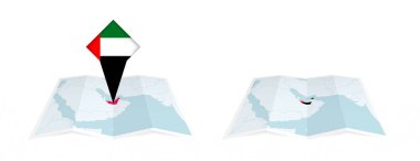 Birleşik Arap Emirlikleri 'nin katlanmış haritasının iki versiyonu. Birinde ülke bayrağı, diğerinde de harita sınırında bayrak var. Hem yazdırma hem de çevrimiçi tasarım için şablon.