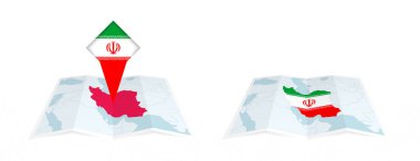 İran haritasının iki farklı versiyonu, birinin üzerinde ülke bayrağı ve diğerinin haritasında bayrak var. Hem yazdırma hem de çevrimiçi tasarım için şablon.