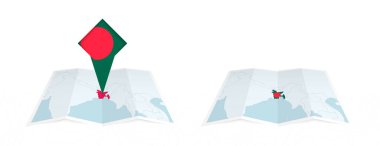 Bangladeş katlanmış haritanın iki versiyonu, birinin üzerinde ülke bayrağı ve diğerinin haritasında bayrak var. Hem yazdırma hem de çevrimiçi tasarım için şablon.