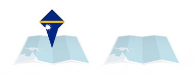 Nauru 'nun katlanmış haritasının iki versiyonu, birinin bayrağı iğnelenmiş, diğerinin de haritasında bayrak var. Hem yazdırma hem de çevrimiçi tasarım için şablon.