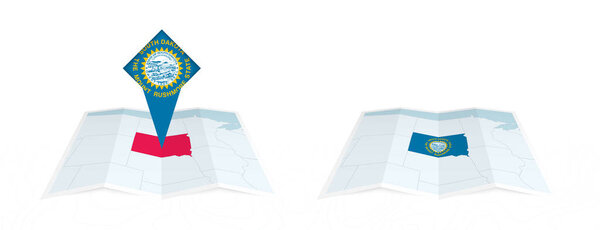 Two versions of an South Dakota folded map, one with a pinned country flag and one with a flag in the map contour. Template for both print and online design.