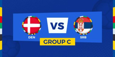 Grup sahnesinde Danimarka Sırbistan 'a karşı futbol maçı. Spor arka planında futbol yarışması illüstrasyonu.