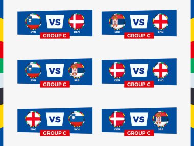 Group C Tournament Matchups: Slovenia, Denmark, Serbia, England. Vector illustration. clipart