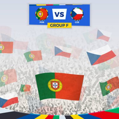 Portekiz ve Çek Cumhuriyeti arasındaki maç için futbol taraftarları bayraklarla tezahürat yapıyor. Avrupa 'daki futbol yarışması için spor illüstrasyonu.