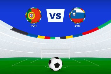 Portekiz ile Slovenya arasındaki futbol maçı için stadyum tasviri, futbol turnuvasının stilize şablonu.