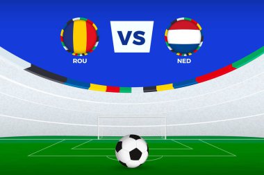 Romanya ile Hollanda arasındaki futbol maçı için stadyum tasviri, futbol turnuvasının stilize şablonu.
