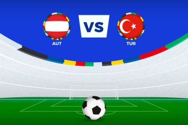 Avusturya ile Türkiye arasındaki futbol maçı için stadyum tasviri, futbol turnuvasının stilize şablonu.