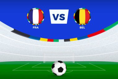 Fransa ile Belçika arasındaki futbol maçı için stadyum tasviri, futbol turnuvasının stilize şablonu.