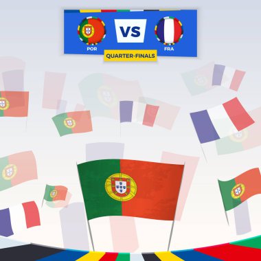 Futbol taraftarları, Portekiz-Fransa maçı için bayraklarla tezahürat yapıyorlar. Avrupa 'daki futbol yarışması için spor illüstrasyonu. Vektör şablonu.