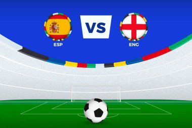 İspanya ile İngiltere arasındaki futbol maçı için stadyum tasviri, futbol turnuvasının stilize şablonu. Vektör illüstrasyonu.
