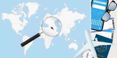 Ermenistan bir Dünya Haritası, uçak, pasaport, biniş kartı, pusula ve gözlük ile büyütülüyor..