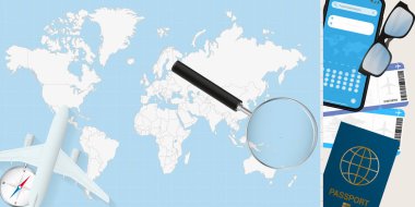 Nauru bir dünya haritası, uçak, pasaport, biniş kartı, pusula ve gözlük ile büyütülür..