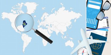 Maine is magnified over a World Map, illustration with airplane, passport, boarding pass, compass and eyeglasses. clipart