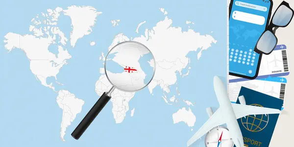 stock vector Georgia is magnified over a World Map, illustration with airplane, passport, boarding pass, compass and eyeglasses.