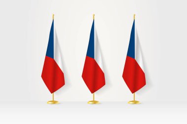 Altın bir stantta üç Çek Cumhuriyeti bayrağı, basın toplantısı ve diğer toplantıların resimleri.