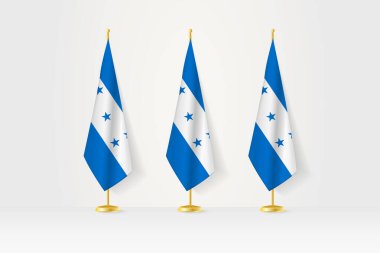 Üst üste üç Honduras bayrağı, basın toplantısı ve diğer toplantıların resimleri..