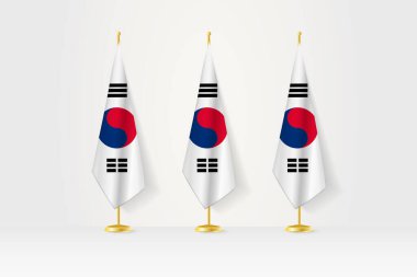 Three South Korea flags in a row on a golden stand, illustration of press conference and other meetings. clipart