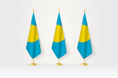 Three Palau flags in a row on a golden stand, illustration of press conference and other meetings. clipart