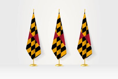 Üst üste üç Maryland bayrağı altın bir stantta basın konferansı ve diğer toplantıların illüstrasyonu.