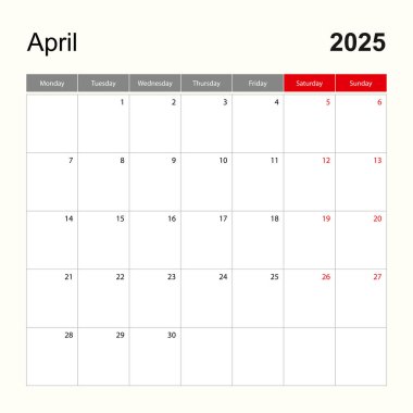 Nisan 2025 için duvar takvimi şablonu. Tatil ve etkinlik planlayıcısı, hafta pazartesi başlıyor..