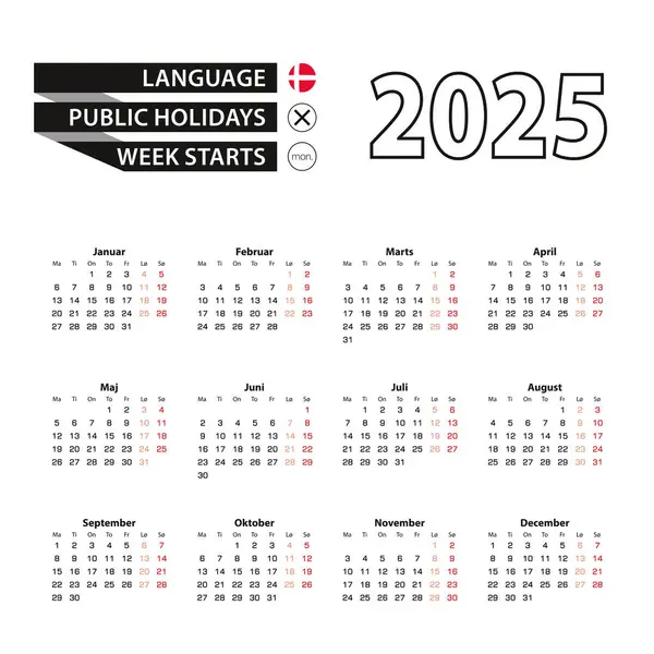 stock vector Calendar 2025 in Danish language, week starts on Monday.