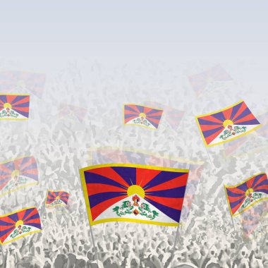 Tibet meydanı sosyal medya ve haber için bayrak sallayan kalabalık.