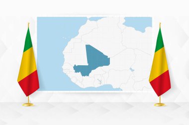 Map of Mali and flags of Mali on flag stand. clipart