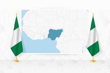Nijerya haritası ve bayrak standında Nijerya bayrakları.