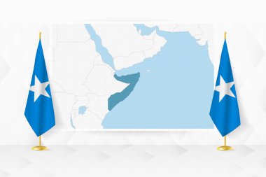 Map of Somalia and flags of Somalia on flag stand. clipart