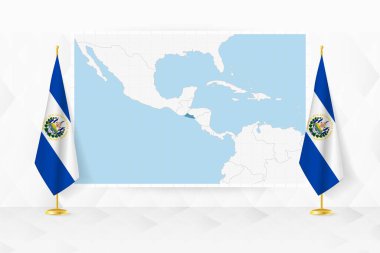 El Salvador haritası ve bayrak standında El Salvador bayrakları..