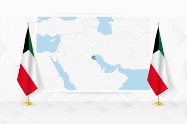 Kuveyt haritası ve bayrak standında Kuveyt bayrakları.