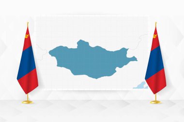 Map of Mongolia and flags of Mongolia on flag stand. clipart