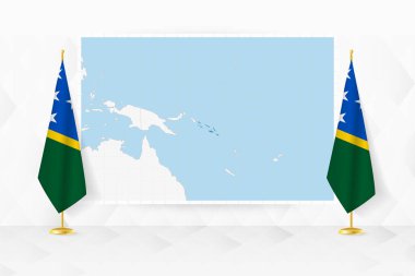 Map of Solomon Islands and flags of Solomon Islands on flag stand. clipart