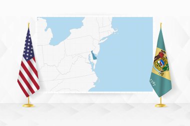 Delaware haritası ve bayrak standında Delaware bayrakları.