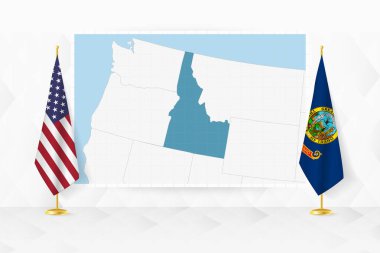 Map of Idaho and flags of Idaho on flag stand. clipart