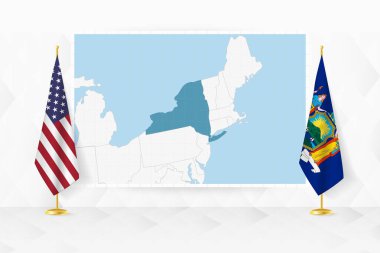 New York haritası ve bayrak standında New York bayrakları.