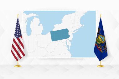 Pennsylvania haritası ve bayrak standında Pennsylvania bayrakları.