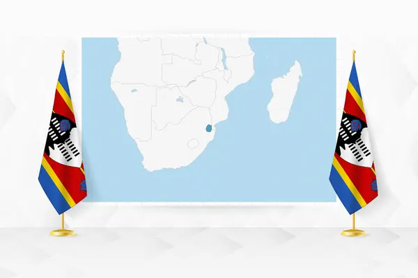 stock vector Map of Swaziland and flags of Swaziland on flag stand.