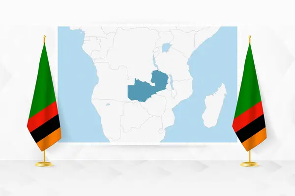 stock vector Map of Zambia and flags of Zambia on flag stand.