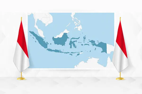 stock vector Map of Indonesia and flags of Indonesia on flag stand.