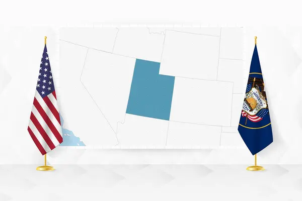 stock vector Map of Utah and flags of Utah on flag stand.