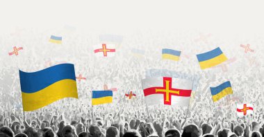 People waving flag of Guernsey and Ukraine, symbolizing Guernsey solidarity for Ukraine. clipart