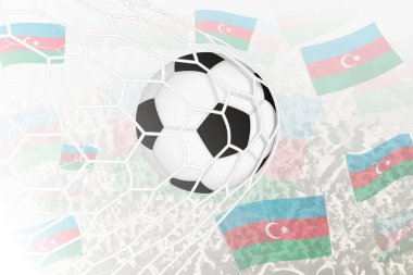 Azerbaycan Millî Futbol Takımı gol attı. Futbol taraftarları arka planda Azerbaycan bayrağını sallarken, top kale ağında..