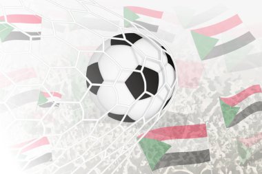 Sudan Millî Futbol Takımı gol attı. Futbol taraftarları arka planda Sudan bayrağını sallarken, top kale ağında..