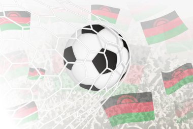 Malawi Millî Futbol Takımı gol attı. Futbol taraftarları arka planda Malawi bayrağını sallarken, top kale ağında..