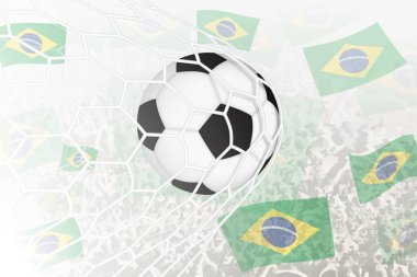 Brezilya Millî Futbol Takımı gol attı. Futbol taraftarları arka planda Brezilya bayrağını sallarken, top kale ağında..